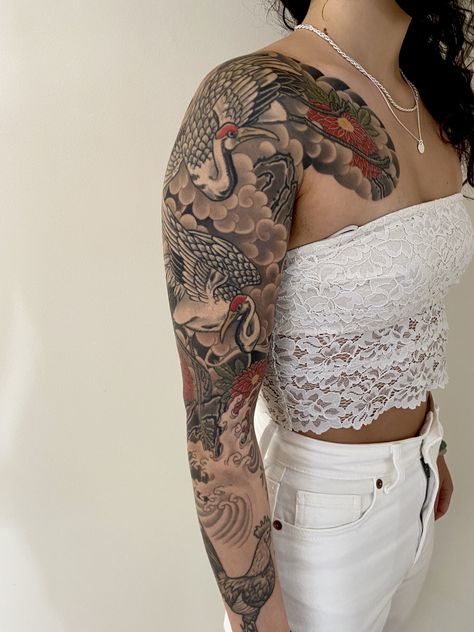 Japanese Style Sleeve Tattoo Women, Irezumi Tattoos Women, Japanese Crane Tattoo Leg, Crane Sleeve Tattoo, Asian Cloud Tattoo, Crane Tattoo Japanese, Japanese Style Tattoo Sleeve, Asian Sleeve Tattoo, Tattoo Sleeve Themes