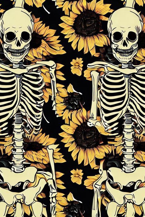 Sunflowers & skeletons #halloween #skeletons #sunflowers #sunflowerwallpaper #phonescreen #sunflowersandskeletonswallpaper Autumn Sunflowers, Sunflower Halloween, Black Sunflower Wallpaper, Skull And Sunflower, Skeleton Sunflower, Goth Sunflower, Sunflower Skull Wallpaper, Sunflowers And Skulls, Skulls And Sunflowers Wallpaper