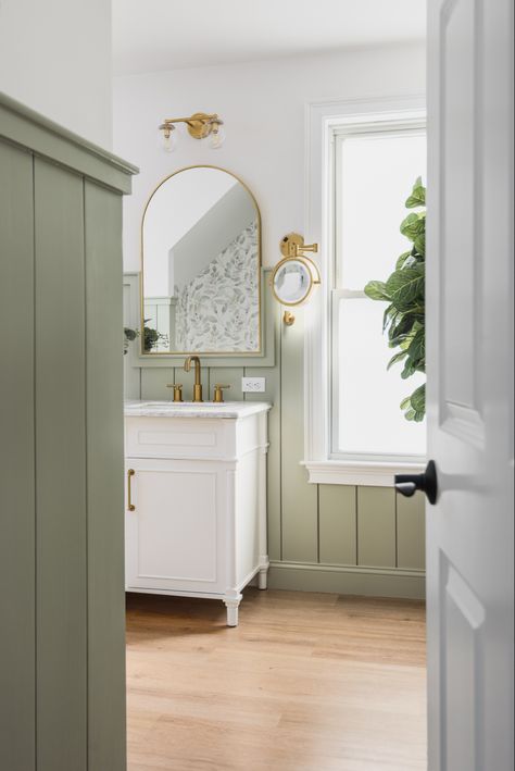 October Mist Benjamin Moore Bathroom, Rose Pine Benjamin Moore, Flora Benjamin Moore, October Mist Bathroom, Vale Mist Benjamin Moore, Soft Fern Benjamin Moore, October Mist Kitchen, Bm October Mist, Arched Mirror Bathroom