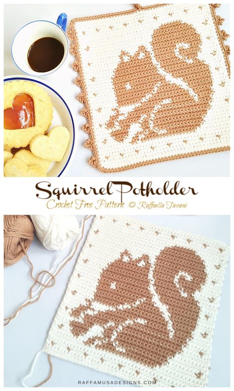 Squirrel Potholder Crochet Free Pattern - Hot Pad #Potholder; Free #Crochet; Pattern Knit Hot Pads Free Pattern, Tapestry Crochet Patterns Free, Crochet Mini Purse, Crochet Hot Pad, Crochet Potholder, Crochet Potholder Patterns, Crochet Hot Pads, Purse Keychain, Graph Crochet