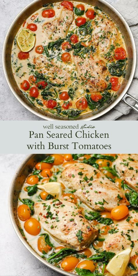 Burst Tomato, Spinach And Tomato Recipes, Chicken Breast Spinach Recipes, Chicken Breast With Spinach, Chicken With Spinach And Tomatoes, Chicken With Tomatoes Recipes, Tomato Chicken, Burst Tomato Chicken, Chicken Spinach Tomatoes Recipes