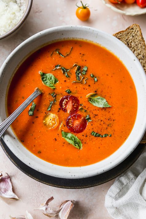 Fresh, Homemade Cherry Tomato Soup | Walder Wellness, RD Cherry Tomato Soup, Tomato Rice Soup, Cherry Tomato Pasta Sauce, Walder Wellness, Tomato Soup Homemade, Cherry Tomato Pasta, Flavored Salts, Gnocchi Soup, Stove Top Recipes