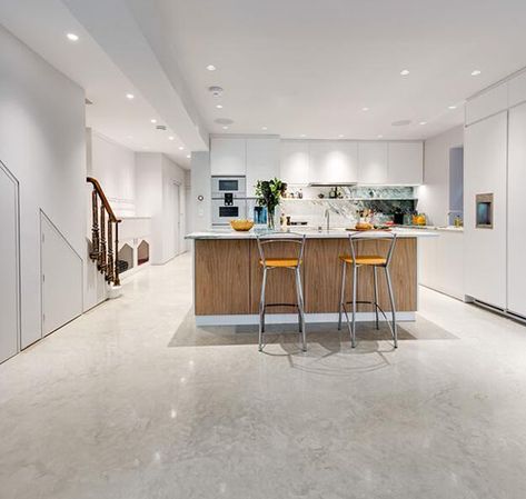 Polished Concrete Floor, Contemporary Design Trends Concrete Floors Interior, Polished Concrete Floor Kitchen, Concrete Floor Kitchen, White Concrete Floors, Concrete Kitchen Floor, Concrete Floors In House, Polished Concrete Floor, Decoration Beton, Stools For Kitchen Island