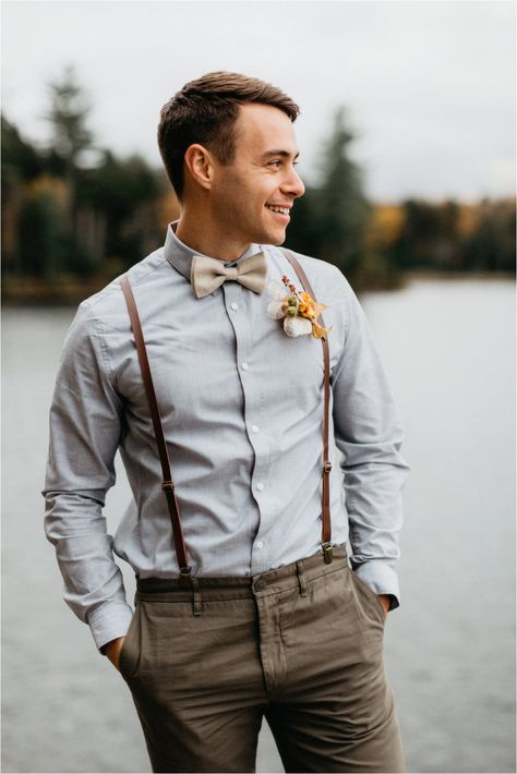 Elopement on Rocky Mountain near Inlet, Adirondacks | Shaw Photo Co. | Grooms attire Groom Attire Without Jacket, Elopement Outfit Groom Mountain, Mountain Wedding Mens Attire, Mountain Groom Attire, Mountain Elopement Groom Attire, Mountain Wedding Groom Attire, Casual Groom Attire Rustic, Simple Groom Attire, Groom Attire Rustic