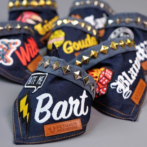 Studded Denim Dog Bandana - Personalised - Dark Denim / Med / Large Gold Studs Dog Accesories, Bandana Colors, Dogs Name, Cute Dog Collars, 강아지 그림, Denim Dog, Custom Dog Collars, Studded Denim, Personalized Dog Collars