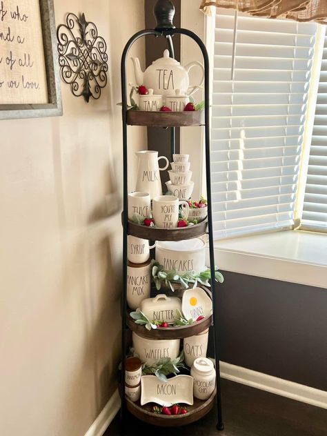 Rae Dunn Canister Display Shelf, Rae Dunn Kitchen Display, Kitchen Hutch Decorating Ideas, Rae Dunn Hutch Display, Hobby Lobby Shelf Decor, Ladder Shelf Decor, Hutch Decor, Coffee Bars In Kitchen, Living Room Styles