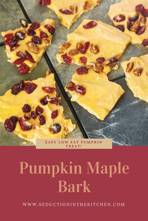 Are you looking for a pumpkin spiced snack? How about a healthy pumpkin snack? Pumpkin maple bark is an easy, low-fat snack recipe. The secret ingredient to this bark recipe is Cabot vanilla bean Greek yogurt! This pumpkin spiced recipe will be your favorite snack! | SeductionInTheKitchen.com #pumpkinweek #sponsored #pumpkin #pumpkinspice #greekyogurt #healthyrecipe Pumpkin Spice Snack, Pumpkin Snack, Low Fat Snacks, Yogurt Bark, Pumpkin Spice Recipe, Bark Recipe, Scrumptious Desserts, Healthy Pumpkin, Pumpkin Dessert