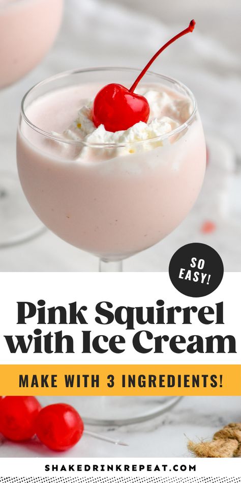 The Pink Squirrel with ice cream is a sweet and boozy adult milkshake with flavors of almond and chocolate. A dreamy dessert cocktail! Pink Ice Cream Flavors, Pink Squirrel Drink Ice Cream, Pink Squirrel Cocktail, Ice Cream Drinks With Liquor, Alcoholic Ice Cream Drinks, Pink Squirrel Drink, Alcoholic Ice Cream, Boozy Recipes, Cream Drinks