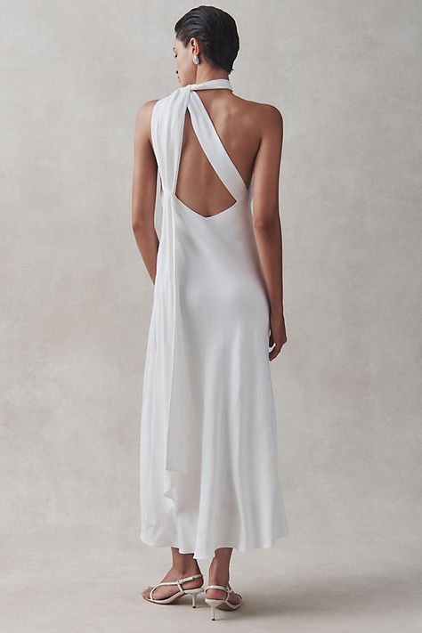 Meet the BHLDN One-Shoulder Removable Scarf Midi Dress. This number comes with a sleek, one-shoulder design that's all about making a statement without saying a word. And the party trick? A removable scarf that can switch up your look in a snap. | One-Shoulder Removable Scarf Midi Dress by BHLDN in White, Women's, Size: XL, Viscose at Anthropologie Classy Rehearsal Dinner Dress, White Dress With Neck Scarf, Bridal Rehearsal Dinner Dress, Fall Engagement Dress, Fall Rehearsal Dinner Dress, Wedding Dress With Neck Scarf, White Dress With Scarf, Wedding Rehearsal Dinner Outfit, Rehersal Dinner Dress