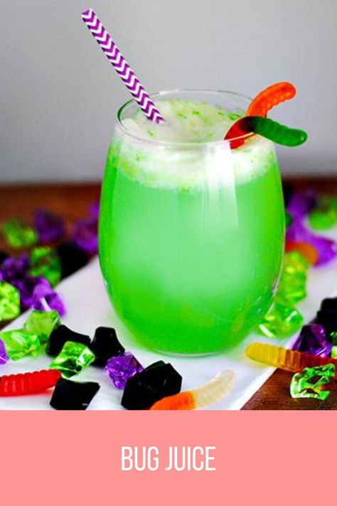 a creepy crawly fun nonalcoholic drink to make for the kids. they'll love the bugs! Bug Juice Punch, Beetlejuice Drinks For Kids, Beetle Juice Drink, Green Punch Recipe For Kids, Beetlejuice Drink Non Alcoholic, Green Punch For Kids, Beetlejuice Themed Snacks, Beetlejuice Punch, Green Drinks For Kids