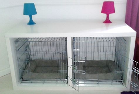 This is our dog crate system for our 2 beagles made entirely from IKEA items. We scored 2 IKEA Malm desks that were marked down (minor blemishes) at IKEA As-Is. Dog Crate Hack, Deaf Puppy, Ikea Malm Desk, Ikea Dog, Labradoodle Grooming, Ikea Cat, Crate Desk, Kennel Furniture, Furniture Style Dog Crate