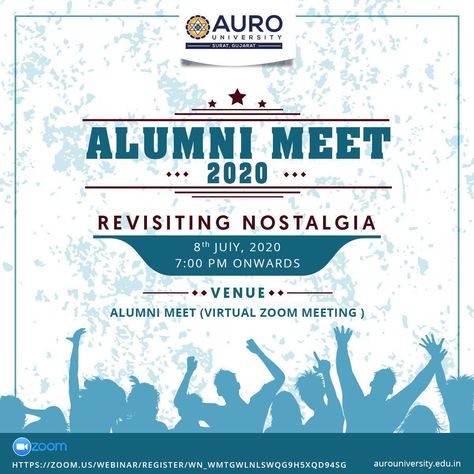 Register here- https://zoom.us/webinar/register/WN_WmtGWLNLSwqG9H5xQd94Sg   You’re cordially invited to Virtual Alumni Meet on 8th July 2020 from 7:00 pm at AURO University.   "Let’s reunite & reminisce the good old memories. Your presence awaited"   With Love, AURO Alumni Association.  #AuroUniversity #Nostalgia #AlumniMeet #Alumni #bestuniversity Alumini Meet Poster, School Alumni Ideas, Alumni Meet Poster, Neet 2023, Old Memories, Alumni Association, School Reunion, Cute Backgrounds For Phones, Best University