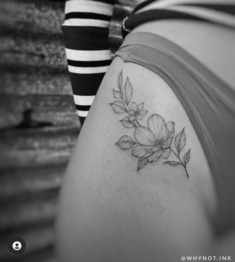 Minimalist Floral Hip Tattoo, Thigh Hip Tattoo Women Unique Butterfly, Lily Flower Hip Tattoos Women, Top Of Hip Tattoo, Small Simple Thigh Tattoos, Simple Flower Hip Tattoo, Upper Leg Tattoos For Women Thigh Tat Simple, Dainty Flower Hip Tattoo, Fine Line Flower Hip Tattoo