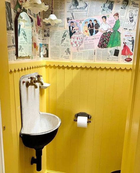 Yellow Toilet, Maximalism Decor, Grand Millennial Decor, Small Toilet Room, 1970s Home, Farmhouse Remodel, Small Toilet, Toilet Room, Boho Curtains