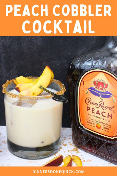 Enjoy the sweet, comforting flavors of a Peach Cobbler Cocktail made with Crown Royal Peach Whiskey. This delicious drink combines the smooth taste of peach whiskey with a creamy base and a hint of spices to create a cocktail that tastes just like your favorite dessert. Perfect for summer gatherings or cozy nights in, this easy-to-make cocktail is sure to impress. Click to get the full recipe and bring a taste of peach cobbler to your glass! Crown Peach Fall Drink, Irish Peach Cocktail, Peach Cobbler Shots, Crown Mixed Drinks Recipe, Peach Crown Recipes, Peach Royal Crown Recipes, Crown Peach Cocktail, Peach Cobbler Old Fashioned Cocktail, Peach Whisky Cocktails