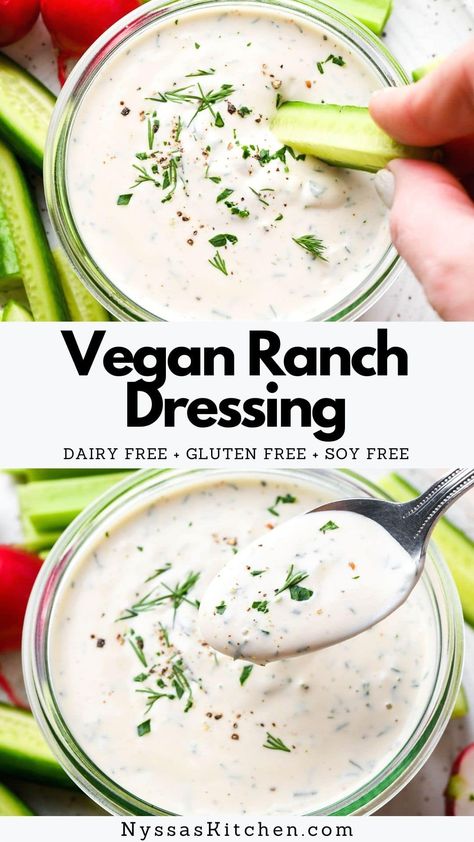 This homemade vegan ranch dressing is thick, creamy, and irresistibly tangy! Made with real plant based ingredients that you probably already have in your pantry like cashews, a simple seasoning blend, and herbs. A perfect dip for fries, veggies, pizza, burgers, or as a delicious salad dressing! Vegan, vegetarian, Whole30, paleo, raw, oil free, dairy free, soy free, and gluten free. Tofu Ranch Dressing, Homemade Vegan Ranch Dressing, Healthy Ranch Dressing, Whole30 Meals, Vegan Ranch Dressing, Delicious Salad Dressings, Ranch Dressing Recipe, Vegan Ranch, Drink Inspiration