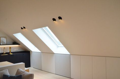 Attic Bedroom Lighting, Lighting Sloped Ceiling, Apartment Lighting, Attic Lighting, Slanted Ceiling, Loft Lighting, Attic Apartment, Attic Bedrooms, House Extension Design