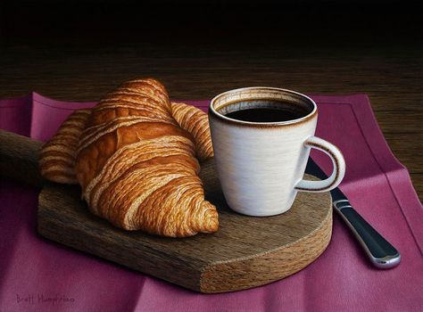 Coffee & Croissant oil still life by the artist Brett Humphries Coffee Still Life, Cupcake Painting, Cinnamon Cupcakes, Painting Coffee, Raspberry Cupcakes, Ginger Biscuits, Foodie Art, Still Life Paintings, How To Make Cupcakes