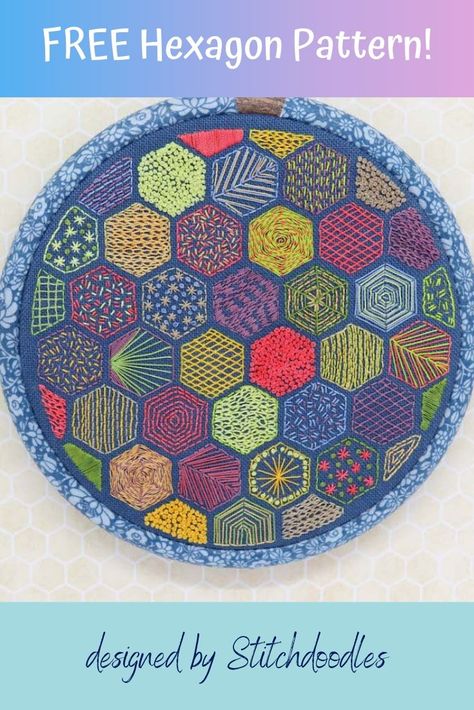 Make this hand embroidery design with a FREE pattern tutorial | hexagon embroidery patterns | hexagon embroidery hoop | hexagon embroidery ideas | hexagon patchwork hand sewing | hexagon embroidery | #beginnerembroidery | #simpleembroidery Embroidery Sampler Pattern, Hexagon Embroidery, Embroidery Edging, Vintage Embroidery Patterns, Hexagon Patchwork, Embroidery Sampler, Printable Vintage, Hexagon Pattern, Needle Work