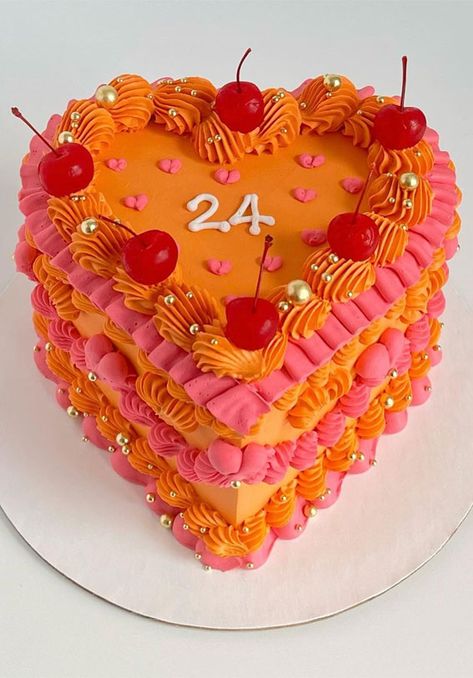 cake ideas, lambeth cake, vintage cake vintage style cake, buttercream cake, vintage buttercream cake, birthday cake ideas Cake Ideas Heart Shape, Birthday Cake Ideas Heart, Gemini Szn Cake, 27th Birthday Cake, Orange Birthday Cake, Heart Shaped Birthday Cake, Lambeth Cake, Heart Birthday Cake, 21 Bday