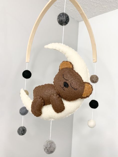 Bear Sleeping, Moon Mobile, Baby Crib Mobile, Felt Baby, Felt Balls, Wooden Hoop, Crib Mobile, Baby Crib, Felt Ball