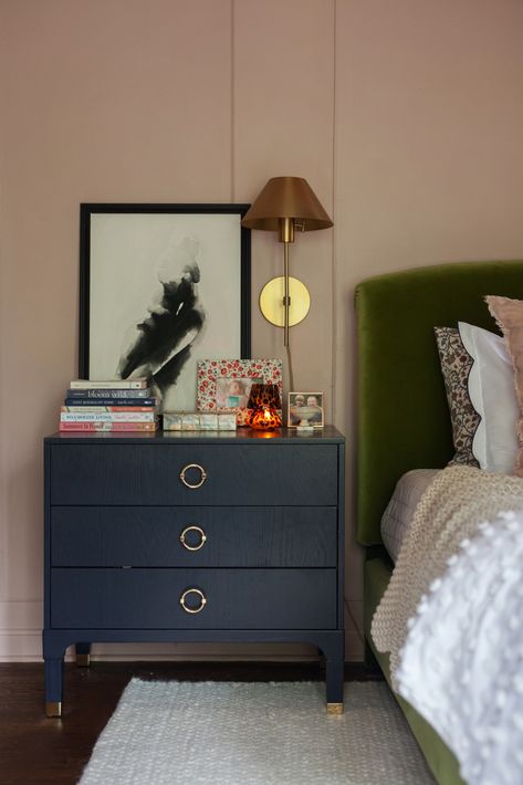 My formula for styling any nightstand. A sconce off the nightstand to maximize space, one of your favorite art prints, a box for remotes, a small dish for jewelry, and your favorite books. Different Nightstands On Each Side, Tiny Bedside Table, Styling Nightstand, Eclectic Nightstand, Mismatched Nightstands, Nightstand Styling, Nightstand Decor, Primary Bedroom, Interior Designing