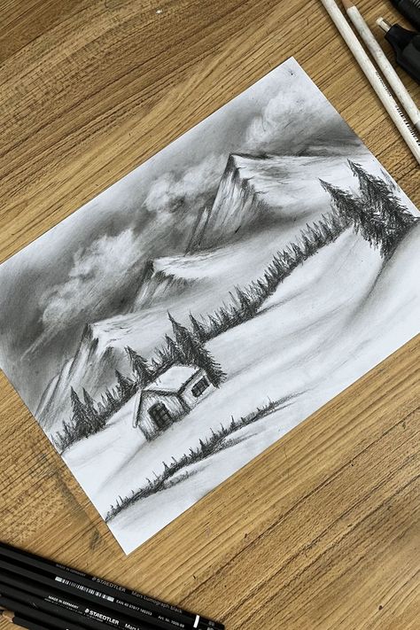 A winter landscape pencil sketch of snow-covered mountains, pine trees, and a small cabin in a quiet winter setting. Snow Mountain Sketch, Winter Peisage Drawing, Cold Drawing Winter, Natural Landscape Drawing, Winter Forest Drawing, Mountain Drawing Pencil, Scenery Sketches Pencil, Winter Scene Drawing, Art Sketches Nature