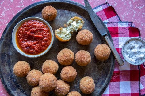 Recipe: Truffle & mozzarella arancini – The Essential Ingredient Mozzarella Arancini, Truffle Risotto, Cherry Tomato Sauce, Truffle Salt, Party Spread, Buffalo Mozzarella, People Talking, Fresh Mozzarella, Savory Snacks