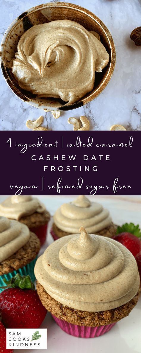 Cashew date frosting is creamy, thick and pipeable! Tastes of sweet caramel and a hint of salt & vanilla. Made with 4 simple ingredients! Date Frosting, Patisserie Vegan, Vegan Frosting, Vegan Baking Recipes, Plant Based Desserts, Wfpb Recipes, Desserts Vegan, Gf Desserts, Healthy Sweets Recipes