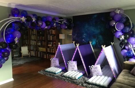 galaxy party | balloon arch | party tents | glamping | tween birthday | purple decorations | sleepover Purple Decorations, Party Balloon Arch, Glamping Birthday, Slumber Party Birthday, Galaxy Party, Party Tents, Birthday Purple, Teepee Party, Space Theme Party