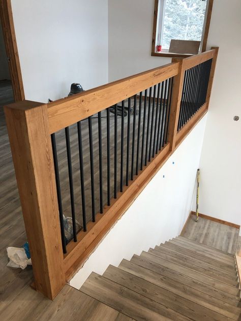 Balcony Railing Design Indoor, Painted Farmhouse Stairs, Diy Loft Railing Ideas, Loft Railing Ideas Rustic Cabin, Cheap Stairs Ideas, Basement Stair Banister Ideas, Wainscoting Basement Ideas, Loft Railing Ideas Balconies, Interior Railing Ideas Half Walls