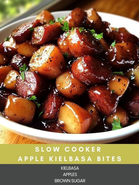 Apple Kielbasa Crockpot, Kiebalsa Recipes, Bbq Keilbasa Recipes Crockpot, Kielbasa With Apples And Onions, Slow Cooker Apple Kielbasa Bites, Slow Cooker Brown Sugar Kielbasa Bites, Apple Kielbasa Bites, Apple Kielbasa, Kielbasa Crockpot