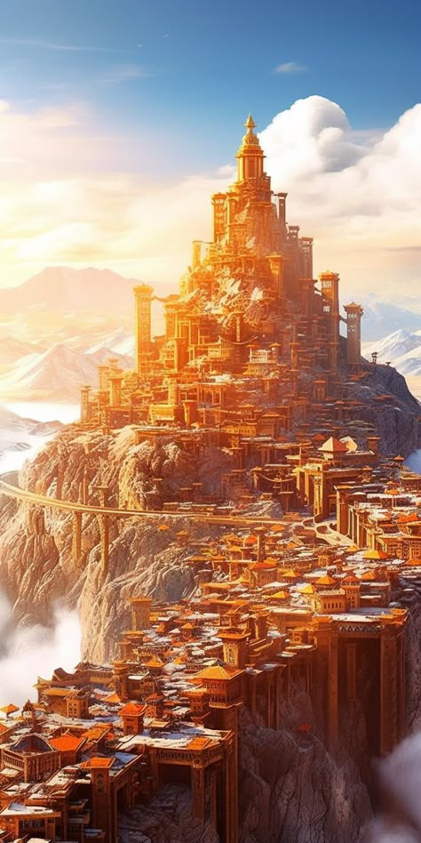 Fantasy City In The Mountains, Fantasy City Built Into Mountain, Fantasy Mountain City Concept Art, Fantasy City On Mountain, Light Kingdom Fantasy Art, Fantasy Mountain Kingdom, Fantasy City Art Cityscapes, Mountain Fantasy City, Mountain Kingdom Fantasy Art