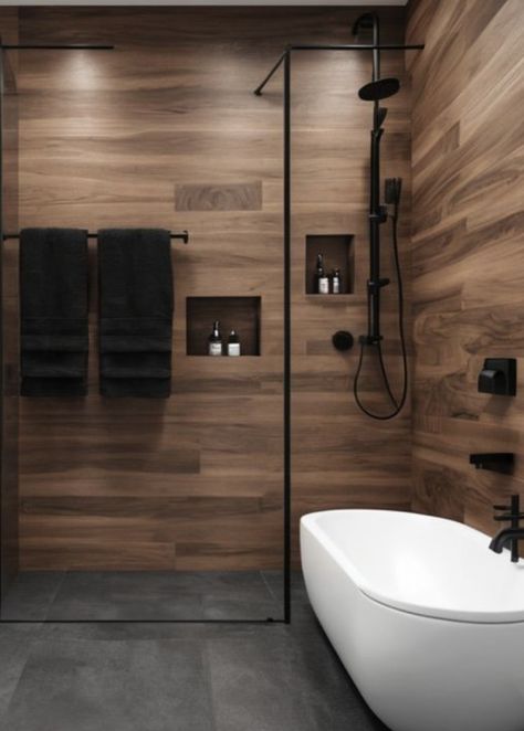 Facebook Black Wood And White Bathroom, Dark Rustic Bathroom, Wood Shower Walls, Modern Shower Tile Ideas, Shiplap Powder Room, Black And Wood Bathroom, Modern Shower Tile, Matte Black Fixtures, Wood Tile Shower