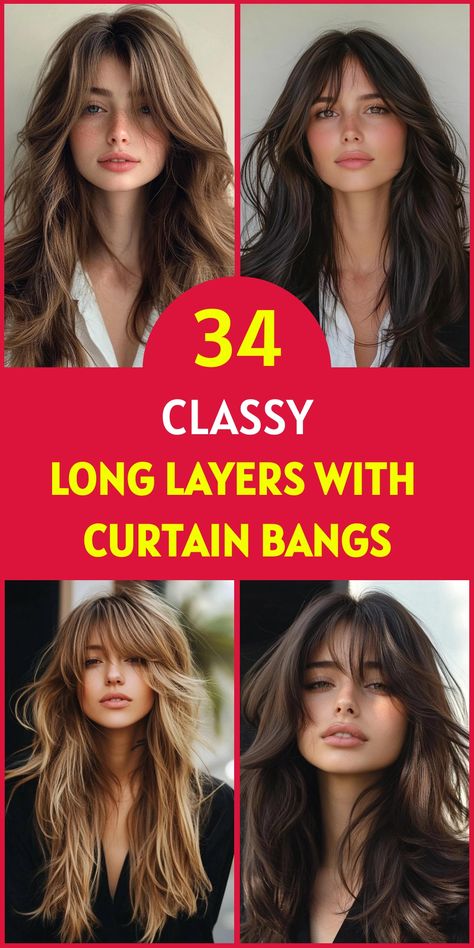 Elevate your style with long layers and curtain bangs - a versatile look that frames your face beautifully. Discover 34 stunning variations of this chic hairstyle, perfect for adding movement and dimension to your locks. Embrace the effortless elegance of soft, flowing layers combined with face-framing curtain bangs for a truly head-turning appearance. Medium Length Hair W Curtain Bangs And Layers, Parted Bangs Long Hair, Long Curtain Bangs On Long Hair, Textured Hair With Curtain Bangs, Haircut Long Hair With Bangs, Face Framing Layers And Highlights, Long Layer Hairstyle, Face Framing Haircuts For Long Hair, Face Frame Long Layers