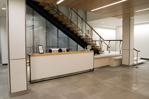 Reception desk under stairs Reception Desk Under Staircase, Reception Under Stairs, Office Staircase, Desk Under Stairs, Office Under Stairs, Office Stairs, Box Room Bedroom Ideas, Space Under Stairs, Office Reception Design