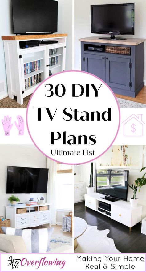 Diy Small Tv Stand, Diy Small Entertainment Center, Diy Small Tv Stand Ideas, Tv Stand Repurpose Ideas, Diy Corner Tv Stand Plans, Tv Stand Building Plans, L Shaped Tv Stand, Tv Stand With Hairpin Legs, Decorate Tv Stand