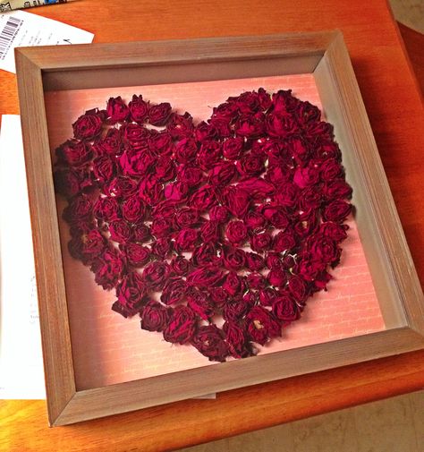 Saved the roses from my first Valentine's Day with my future husband. Great way to preserve them with functionality! ❤️  1. Hot glue dried roses on 12 x 12scrapbooking paper.  2. Place paper into 12 x 12 shadow box (2 inches deep). Dried Roses In Frame, Dried Roses Wall Decor, Rose Shadow Box Diy, Paper Rose Shadow Box Diy, Shadow Box Roses Dried Flowers, Drying Roses, Diy Roses, Preserved Roses, Rose Art