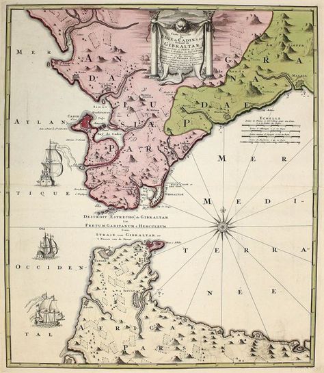 Gibilterra; Homann Heirs - Carta nouvelle de L'Isle de Cadix & du Detroit de Gibraltar - ca. 1756 Strait Of Gibraltar, Chicago Map, Ancient Maps, Lewis And Clark, Old Maps, Historical Characters, Antique Maps, Historical Maps, Cadiz