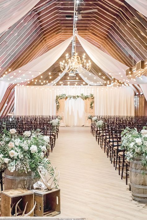 Who wouldn't want to walk down this aisle!? Especially if your fiancé is smiling at the end waiting for you Whiskey Barrels, Country Wedding Venues, Wedding Reception Ideas, Barn Wedding Decorations, Rustic Wedding Venues, Wedding Barn, Barn Ideas, Wedding Forward, Barn Wedding Venue