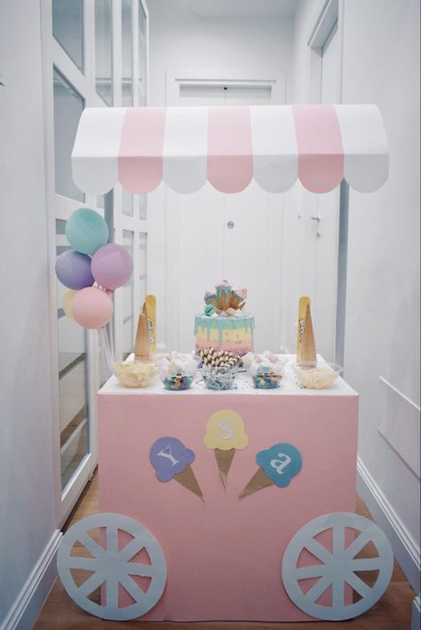 Ice Cream Booth Ideas, Heres The Scoop Birthday Party Decorations, Ice Cream Day Decoration, Diy Ice Cream Cart Birthday Parties, Pastel Sweet One Birthday, Diy Ice Cream Cart Ideas, Diy Ice Cream Stand Cardboard Boxes, Decorate Chairs For Party, Ice Cream Birthday Photo Shoot