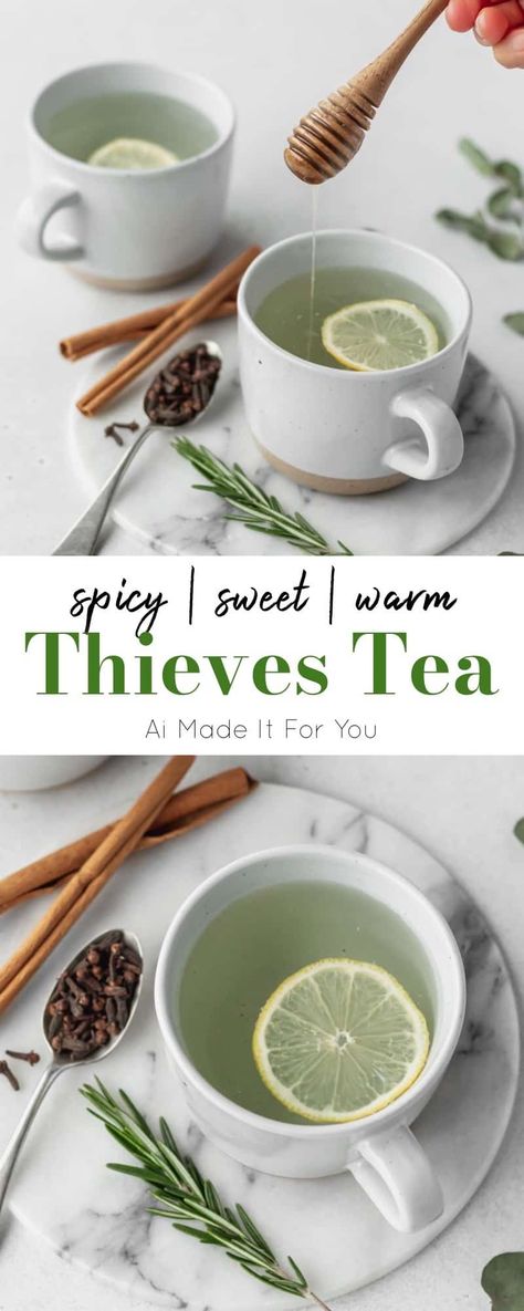 Tea With Cloves, White Tea Essential Oil Blend, Cloves Tea, Diy Thieves Oil, Pain Relief Tea, Thieves Tea, Thieves Oil, Essential Oil Brands, Thieves Essential Oil