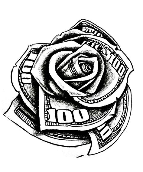 Money And Time Tattoo, Crip Tattoos Designs, Money Rose Tattoo Stencil Outline, Money Rose Drawing, Rose Money Tattoo, Money Rose Tattoo Stencil, Money Bag Tattoo On Hand, Get Rich Or Die Trying Tattoo, Crip Tattoos