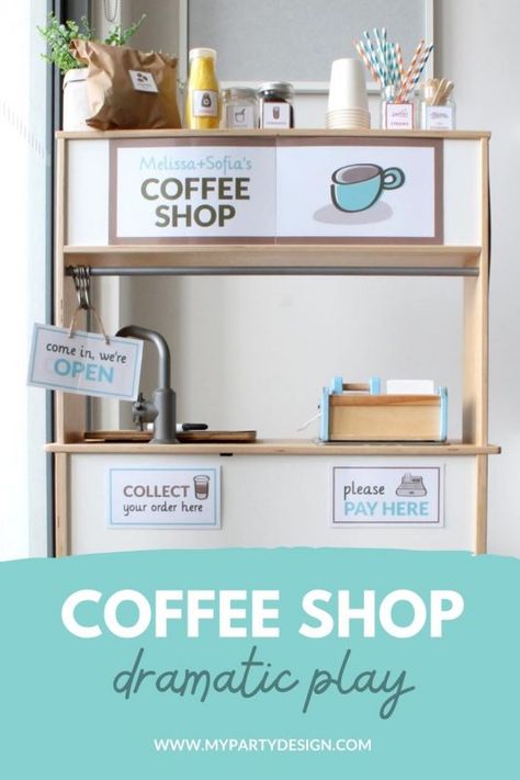 Coffee Dramatic Play Preschool, Coffee Shop Role Play Eyfs, Diy Dramatic Play Stand, Coffee Shop For Kids, Kids Coffee Shop, Coffee Shop Dramatic Play, Play Kitchen Hack, Ikea Play Kitchen Hack, Kids Nook