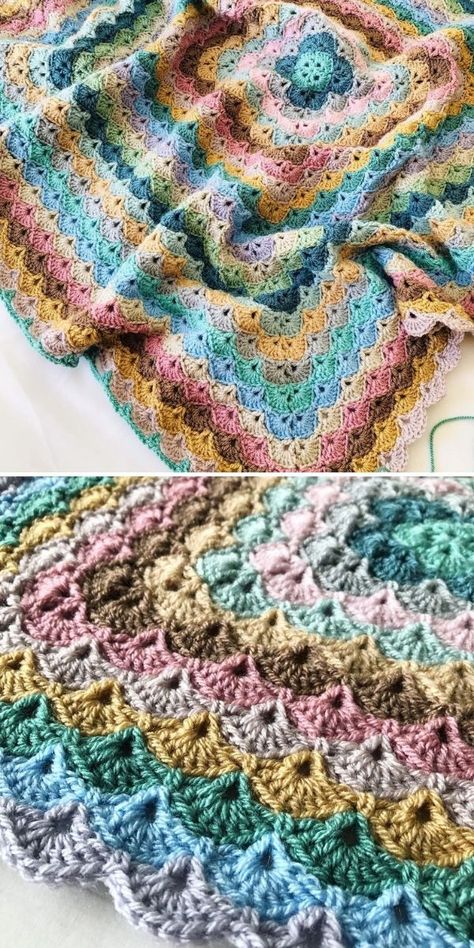 Dune Blanket - Shell Stitch Blanket - Ideas and Resources | Crochetpedia Shell Stitch Crochet Blanket Pattern Free, Crochet Shell Square, Crochet Shell Square Free Pattern, Crochet Shells Blanket, Shell Blanket Crochet Pattern, Shell Granny Square Crochet, Beautiful Shells Crochet Blanket, Shell Blanket Crochet, Scrap Yarn Crochet Blanket Pattern Free