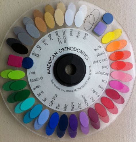 If you wonder what color braces you can get, here is the color wheel! Ignore the little stickers to fill spaces. Blue Braces Teeth, Blue Braces, Braces Color Wheel, Braces Smile, Cute Braces Colors, Braces Tips, Getting Braces, Health Aesthetic, Cute Braces