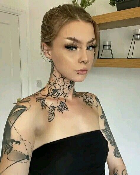 Neck and shoulder tattoo ideas for women Neck Throat Tattoos Women, Flower Neck Tattoo, Shoulder Tattoo Ideas, Marriage Tattoos, Girl Neck Tattoos, Throat Tattoo, Neck Tattoos Women, Tattoo Ideas For Women, Shoulder Tattoos For Women