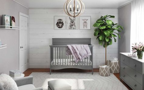 Grey Crib Nursery, White Crib Nursery, Classic Room Design, Gray Gender Neutral Nursery, White Wood Wallpaper, Grey Nursery Boy, Classic Room, Nursery Interior Design