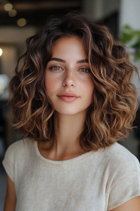 Woman with curly, shoulder-length brown hair and green eyes, wearing a beige top, standing indoors. Short Blonde Curls, Curly Hair Transformation, From Brunette To Blonde, Short Blonde Curly Hair, Natural Blonde Balayage, Blonde Money Piece, Ombre Curly Hair, Medium Length Curly Hair, Natural Curly Hair