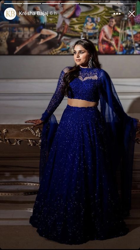 Royal Blue Sangeet Outfit, Blue Sangeet Outfit, Gown For Reception Indian Bride, Sequin Gown Indian, Dj Night Outfits For Indian Wedding, Royal Blue Bridal Lehenga, Royal Blue Indian Outfit, Sangeet Gown, Engaged Dress